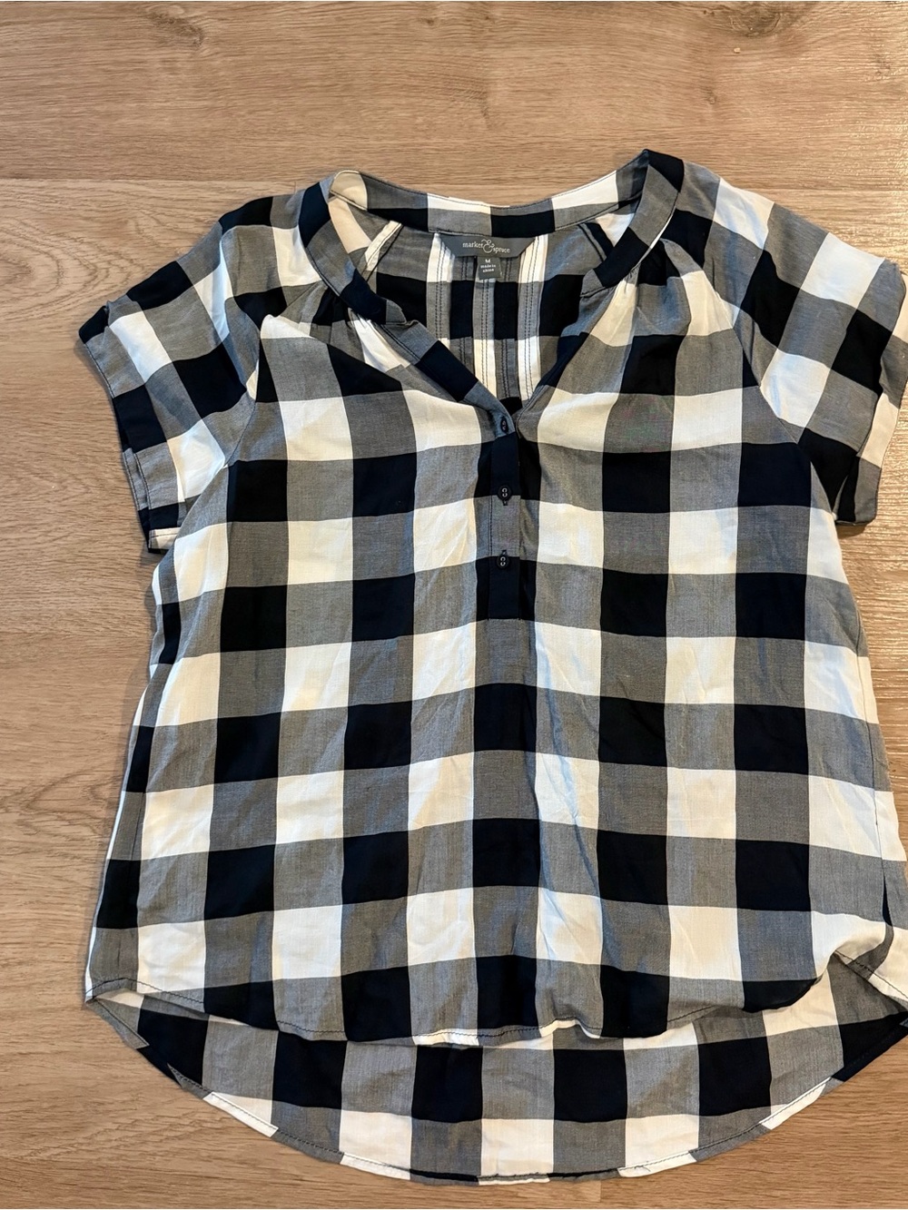 Market & Spruce Gingham Top Womens Medium Blue White Short Sleeve Plaid Cottage